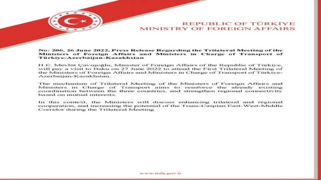 Press Release Regarding the Trilateral Meeting of the Ministers of Foreign Affairs and Ministers in Charge of Transport of Türkiye-Azerbaijan-Kazakhstan