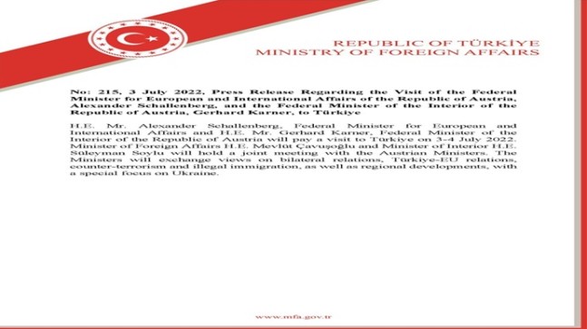 Press Release Regarding the Visit of the Federal Minister for European and International Affairs of the Republic of Austria, Alexander Schallenberg, and the Federal Minister of the Interior of the Republic of Austria, Gerhard Karner, to Türkiye