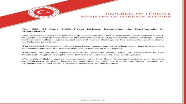 Press Release Regarding the Earthquake in Afghanistan