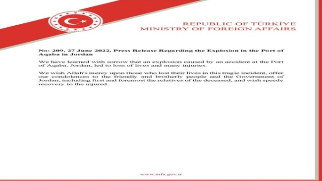 Press Release Regarding the Explosion in the Port of Aqaba in Jordan