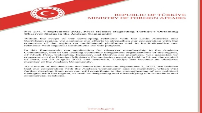 Press Release Regarding Türkiye’s Obtaining Observer Status in the Andean Community