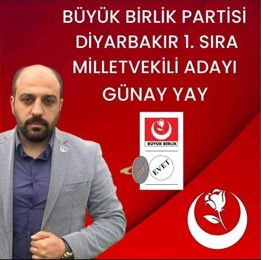 Bir 1 kişi ve şunu diyen bir yazı 'BÜYÜK BİRLİK PARTİSİ DİYARBAKIR 1. SIRA MİLLETVEKİLİ ADAYI GÜNAY YAY BUYÜK BİRLİK EVET' görseli olabilir